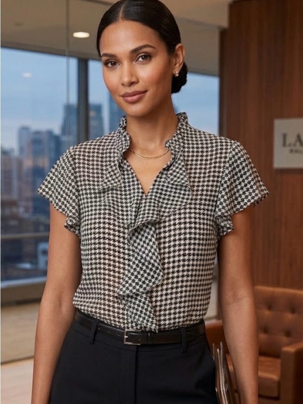 Ralph Lauren Black and White Houndstooth Ruffle Cap Sleeve Blouse